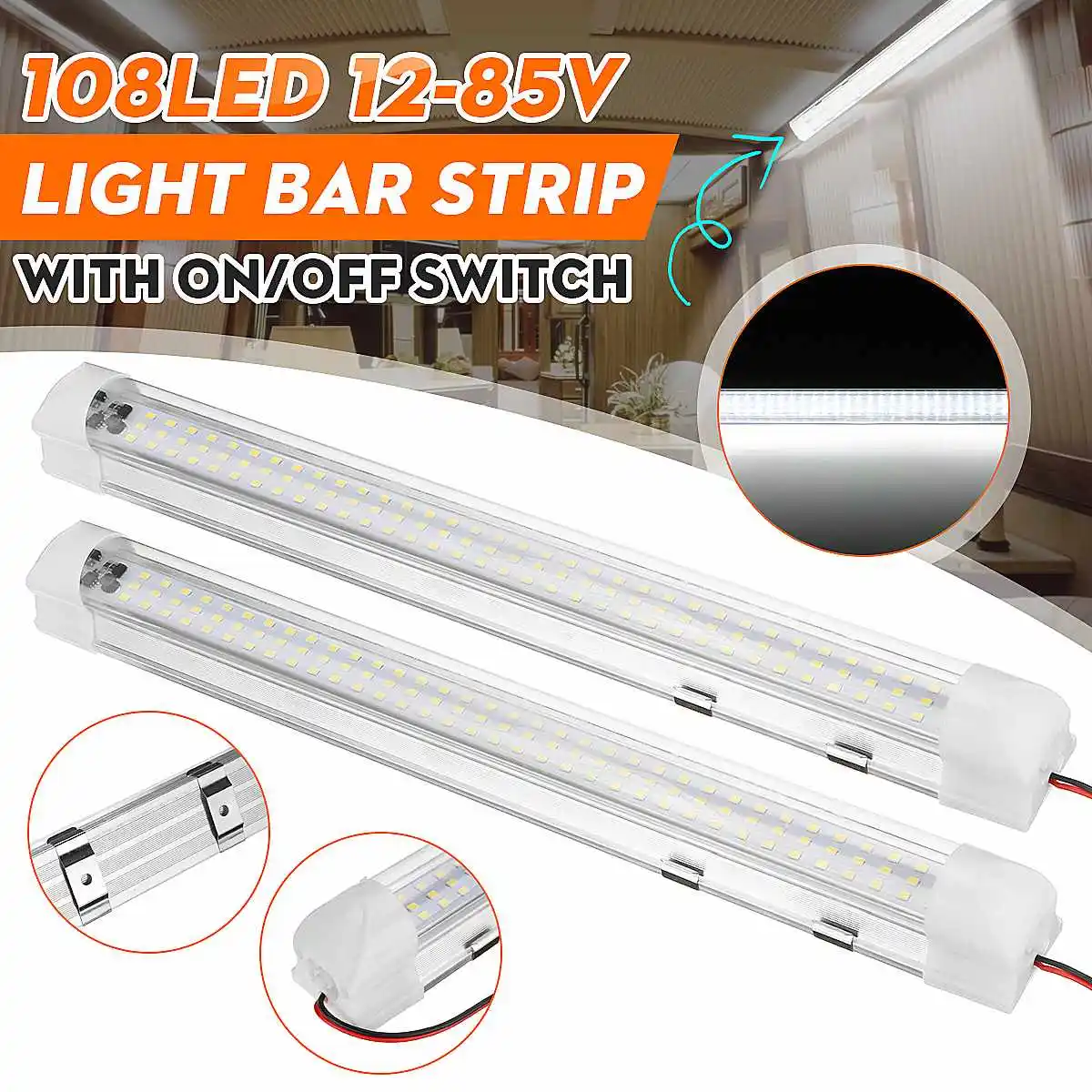 

1/2Pcs 12V 24V 108 LED Bar Car Interior Light Lamp Strip Light Bar Switch for Van Lorry Truck Camper Caravan Camping Boat RV