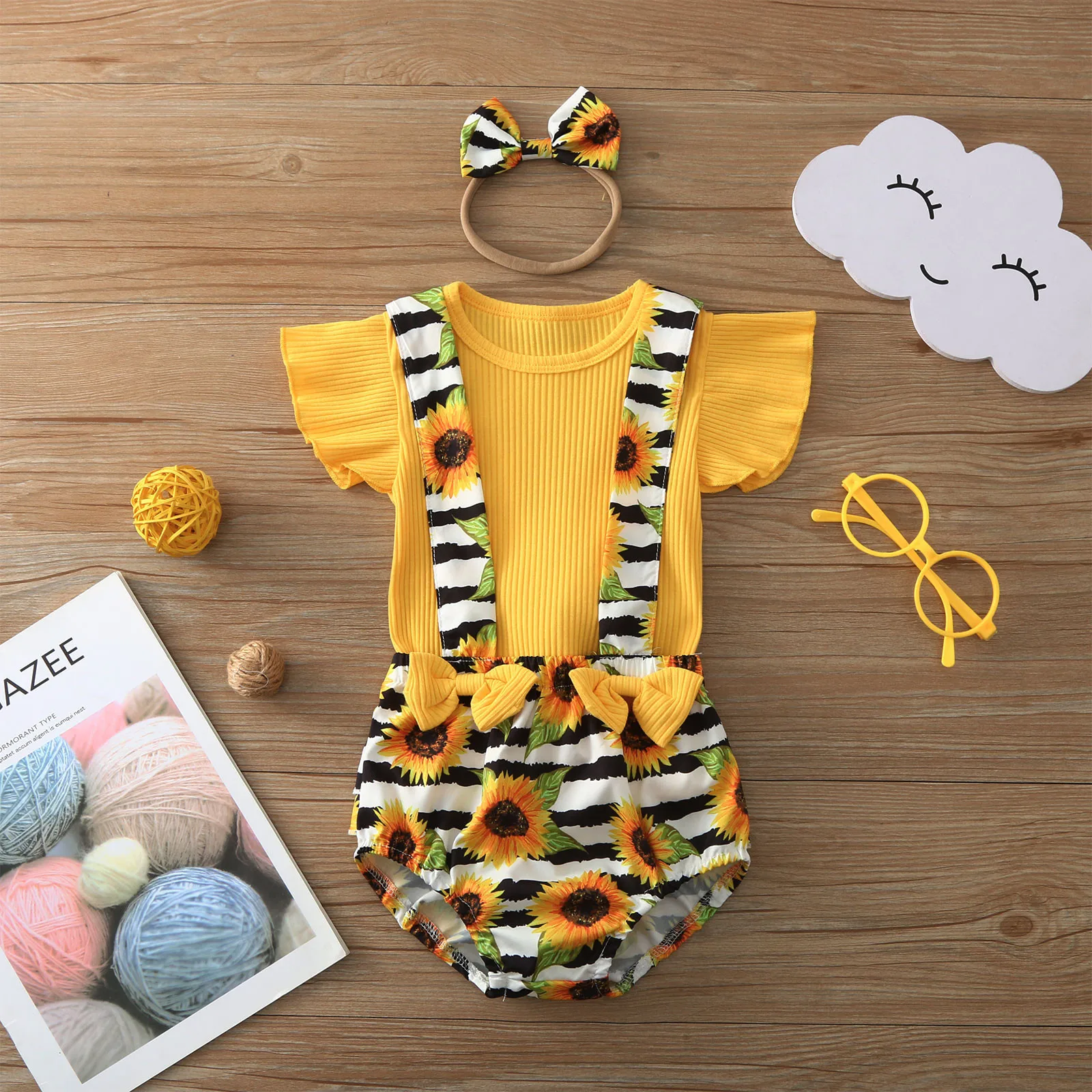 

Newborn Baby Girls Clothes Set Infant Clothing Ribbed Knitted Fly Sleeve Solid Tops+sunflower Suspender Shorts+headbands Sets