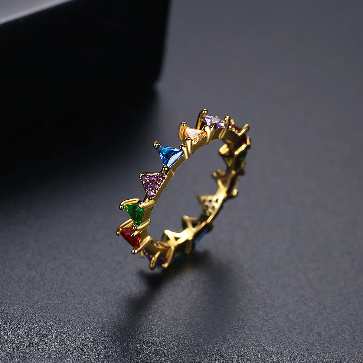 

Classic Female Rainbow Crystal Stone Ring Charm Gold Color Thin Wedding Rings For Women Dainty Triangle Zircon Engagement Ring
