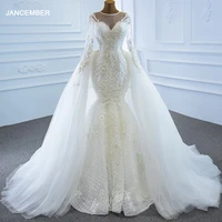 j66179 simple v neck applique detachable train wedding dress 2020 long sleeve lace up back pearls