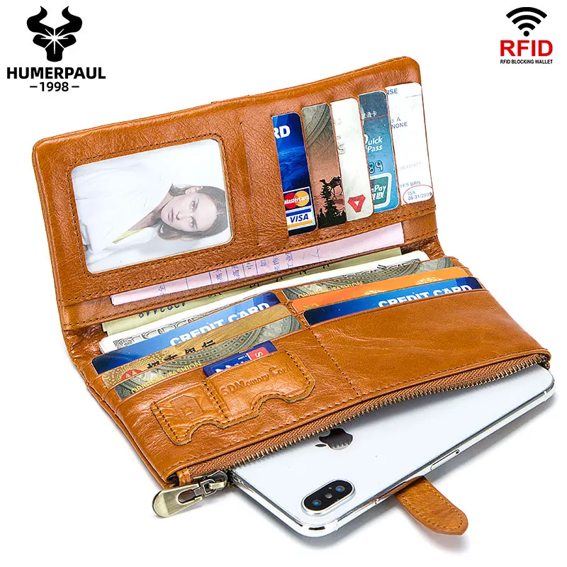 

RFID Leather Women Wallets Coin Pocket Hasp Card Holder Money Bags Casual Long Ladies Clutch Phone Wallet Orange Women Purse