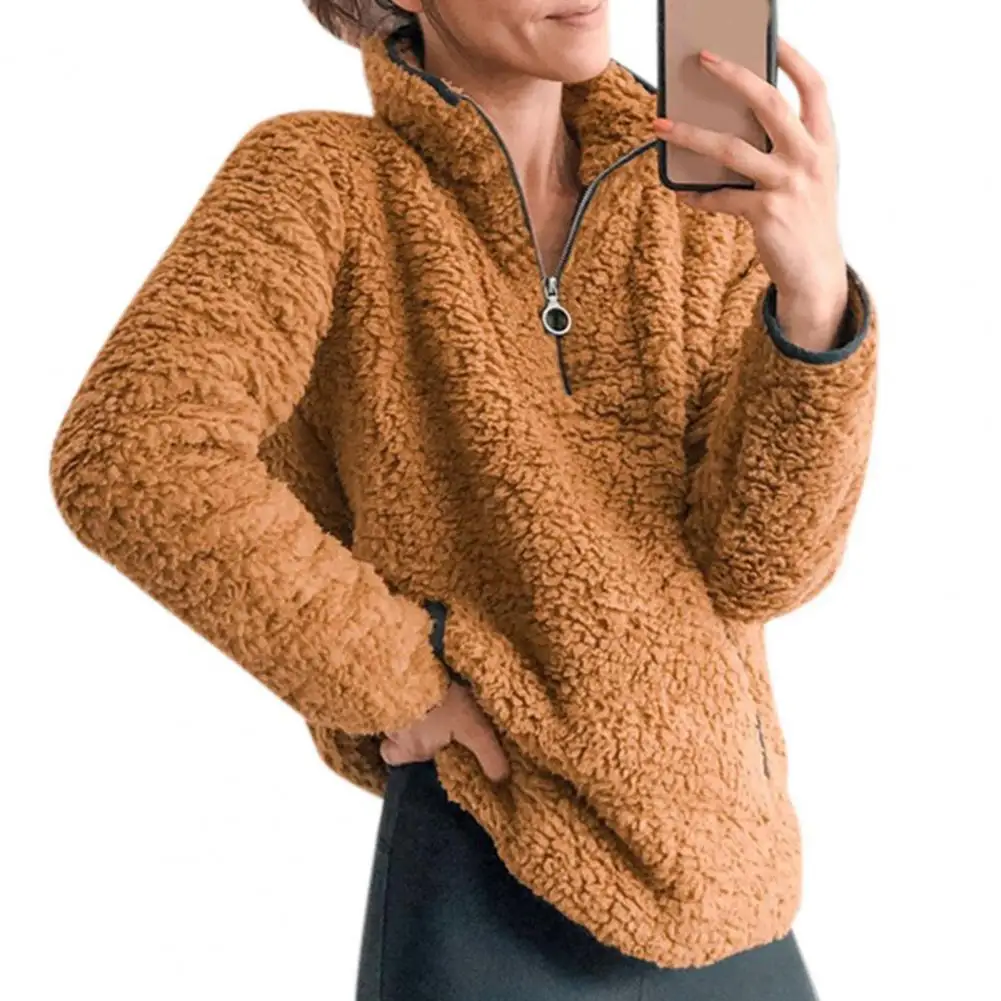 

Turtleneck Long Sleeve Pullover Women Sweatshirt Oversized Double Sided Velvet Solid Color Zipper Neck Sweatshirt Outerwear