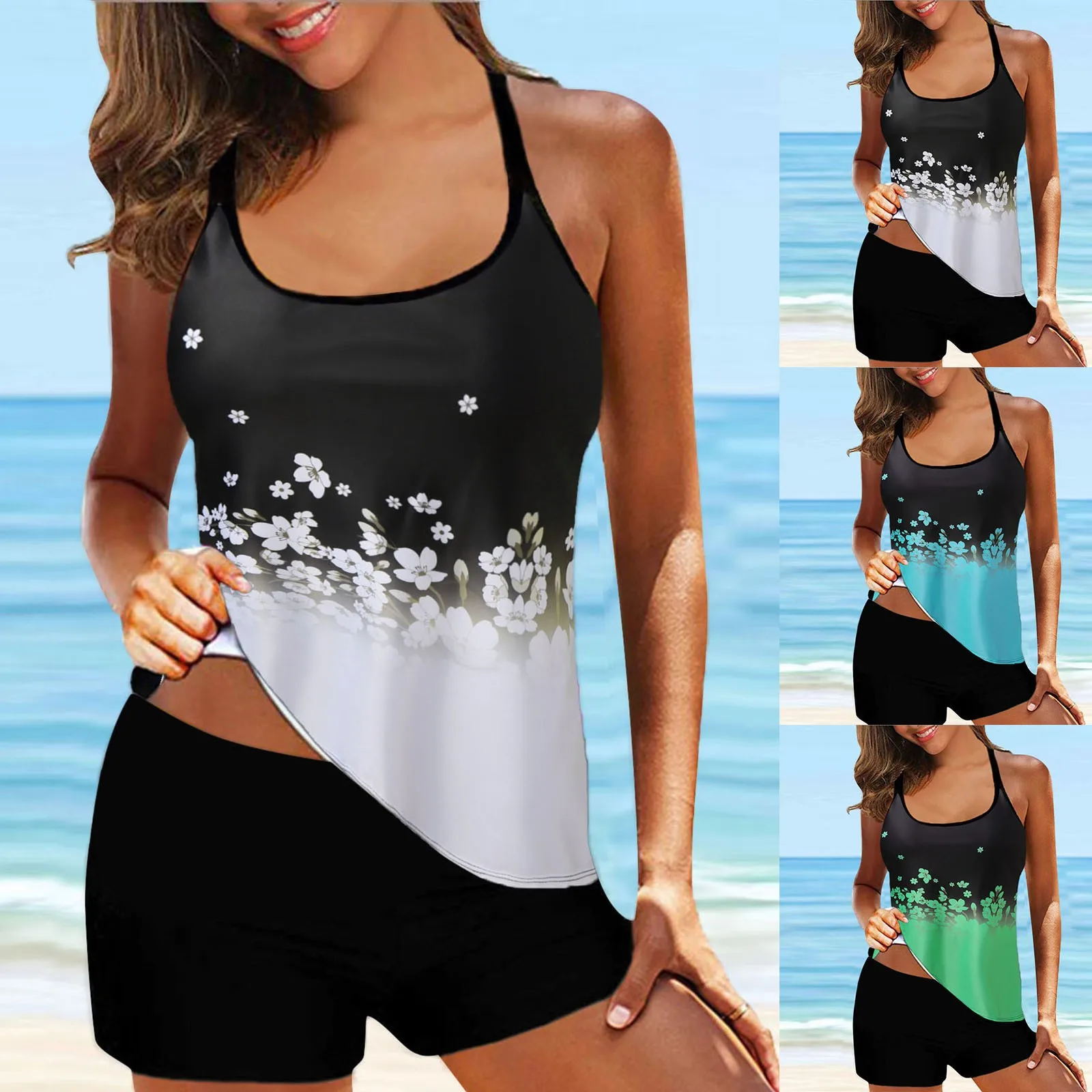 

2021 New Tankini Swimsuits Women Plus Size Flowers Print Strappy Back Tankini Set Two Piece Swimsuits Swimdress Bañador Mujer#l