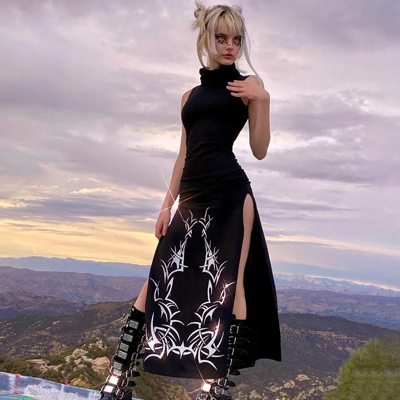 

GothGotik Gothic 2021 Sexy Black Slit Dress Sleeveless Turtleneck High Waist Bodycon Summer Casual Streetwear Party Club Dresses