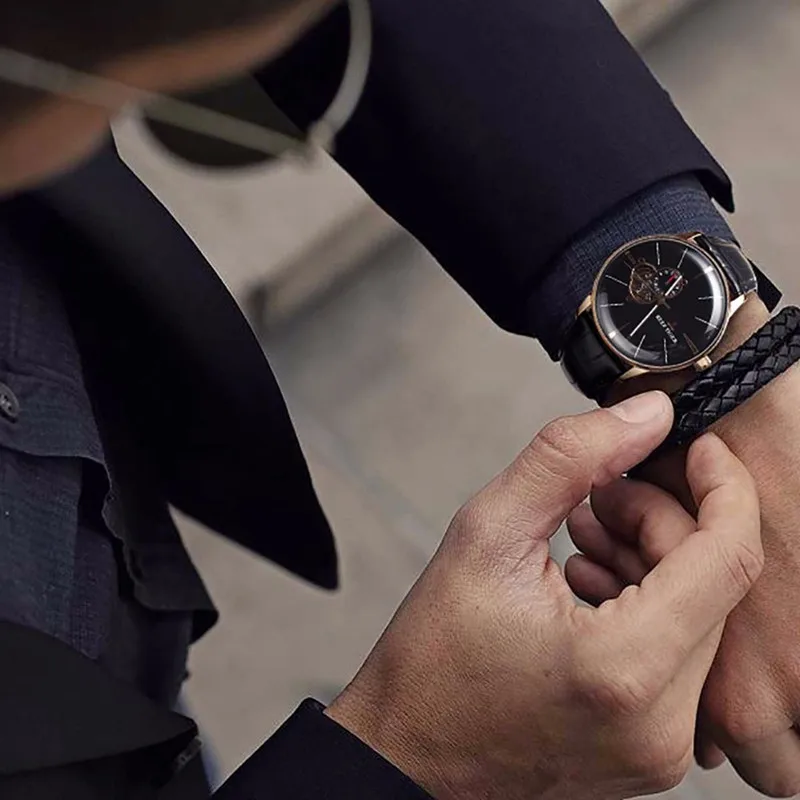 Reef Tiger бренд Tourbillon черный циферблат водонепроницаемые автоматические часы Топ Механические Роскошный кожаный ремешок мужские часы reloj hombre