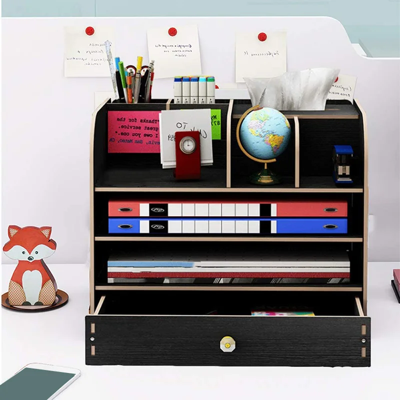 Настольный органайзер деревянный с выдвижным ящиком держатель для карандашей