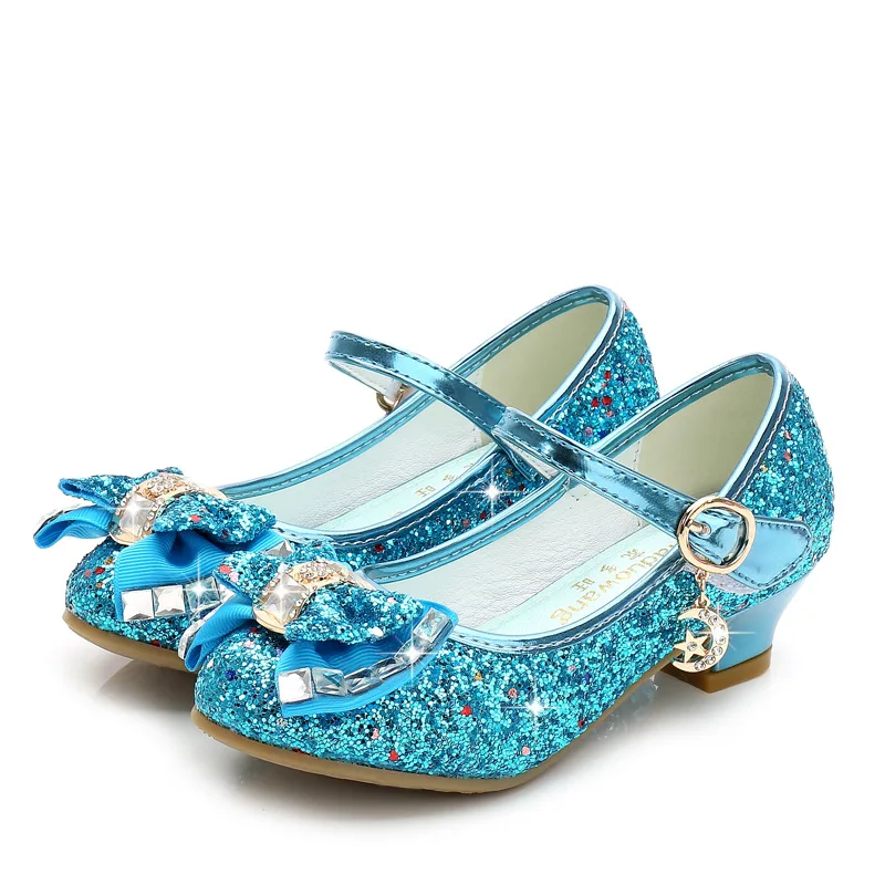 Zapatos de cuero para ni&ntilde;as, calzado de tac&oacute;n alto con purpurina, informal, con flores, nudo de mariposa, azul, rosa y plateado, 2020-0