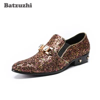 2018 handmade men shoes pointed toe brown glitter men leather dress shoes crystal leather heels with stars wedding party shoes