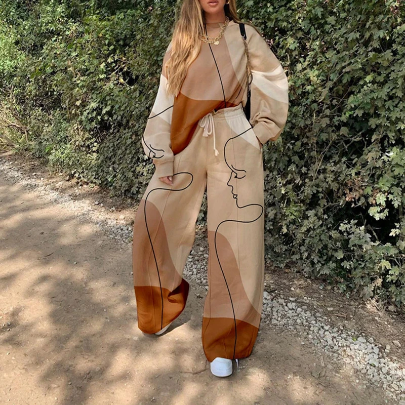 

Women Fashion Print Tracksuit 2 Pieces Set Loose Harajuku Sweatshirts Pullovers Hoodies Suit + Home High Waist Long Pants Outfit