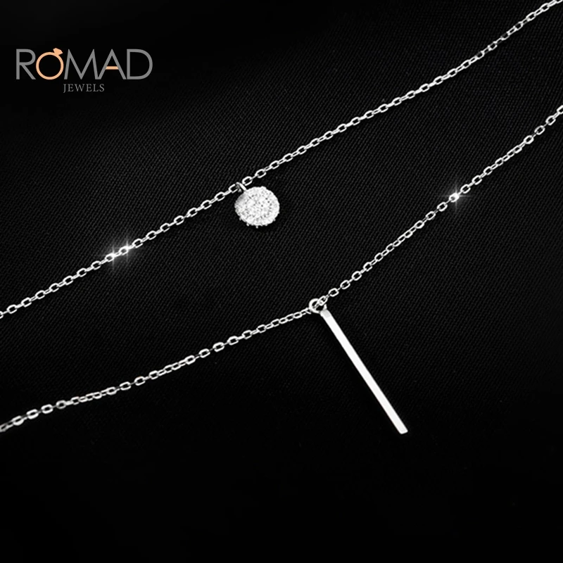 

ROMAD Simple Silver Color Round Necklace Fine Jewelry Geometric Double Layer Long Pendant Necklace For Women Gitls Gift