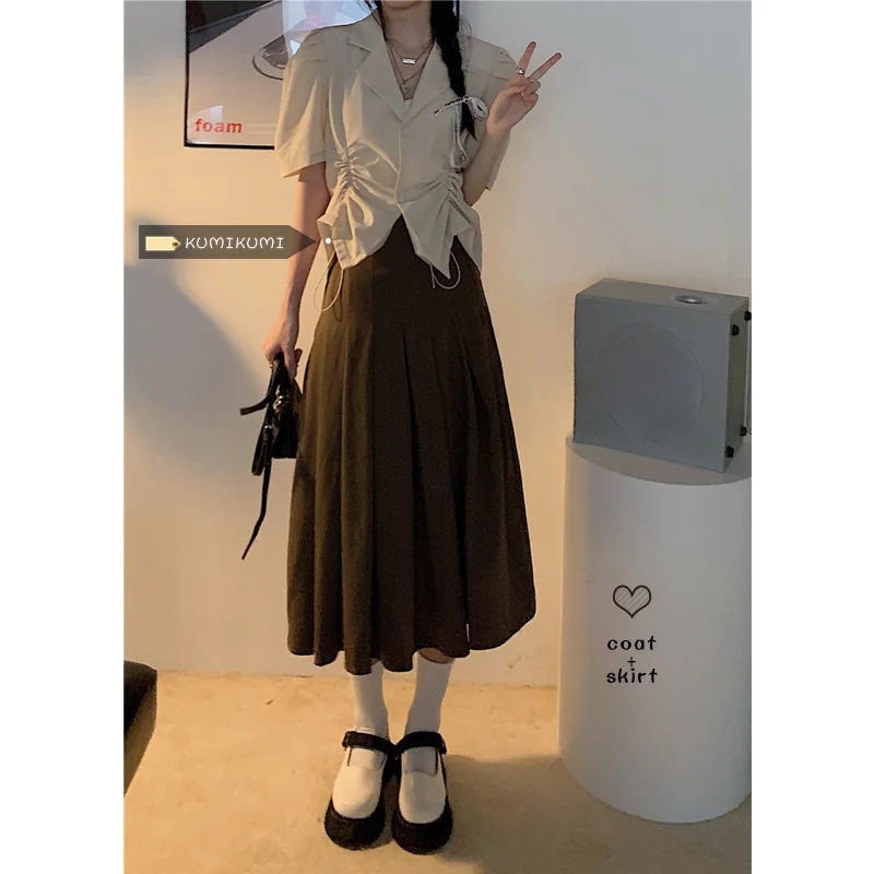 

Women Skirt Temperament Short Sleeve Small Suit Set Women's Thin Pleated Skirt in Summer Two-piece Skirt Set