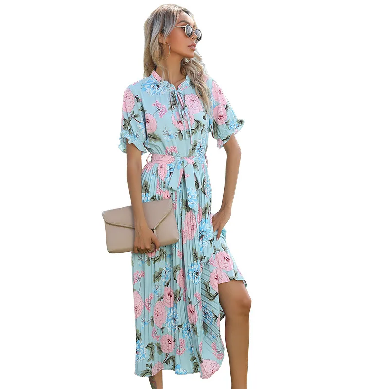 

Printed Ruffled Short-sleeved Double Drawstring Pleated Dress Women Summer New Style