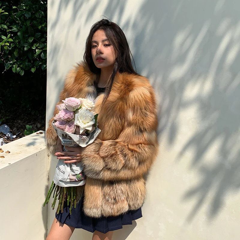 2022 New Women Natural Red Fox Fur Jacket Thick Mid-length V-neck Whole Skin Genuine Red Fox Fur Coats for Female Winter Outwear