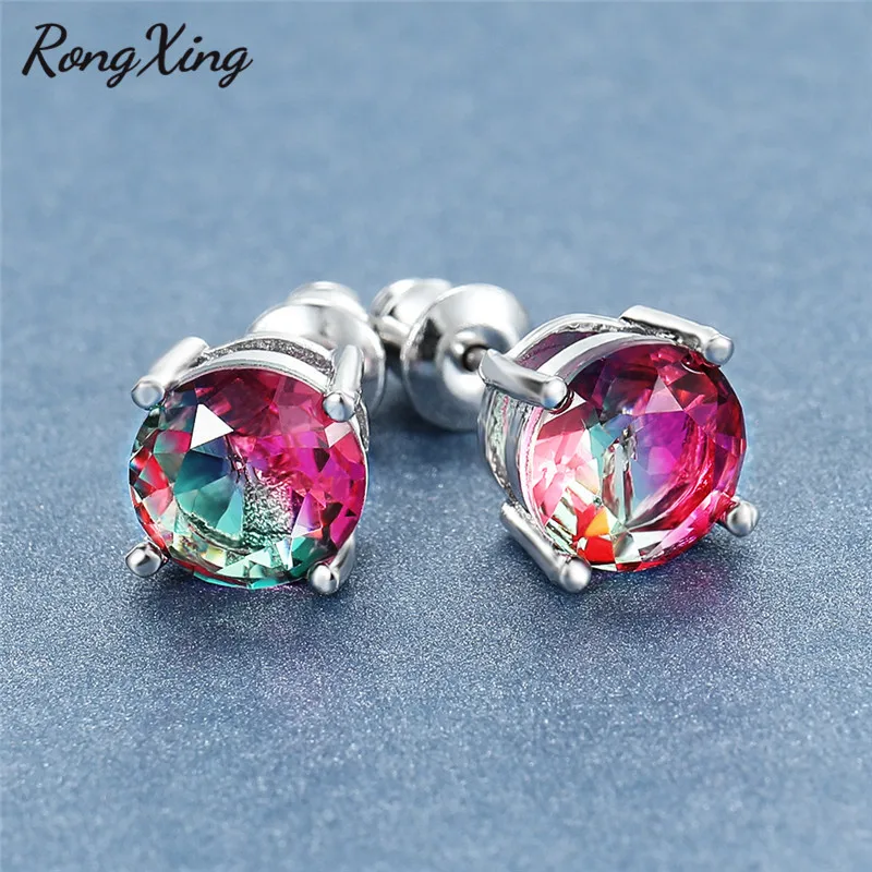 Женские серьги гвоздики RongXing Mystic с радужным огнем и цирконом заполненные белым