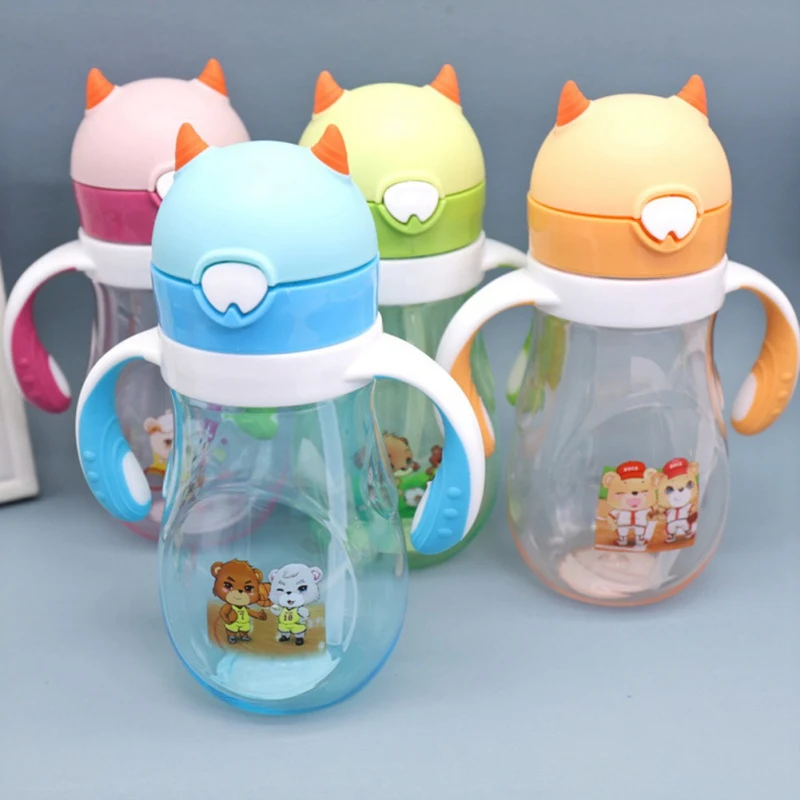 Taza para beber para ni&ntilde;os, botella de agua antica&iacute;da con asa, port&aacute;til, con pajita, dibujos animados, de verano, 400ML-1