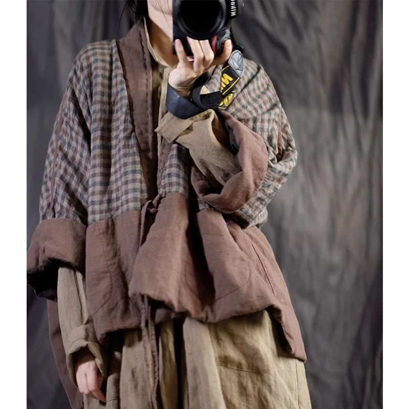 SCUWLINEN зимняя женская парка 2020 ретро плед Лоскутная свободная шнуровка толстые