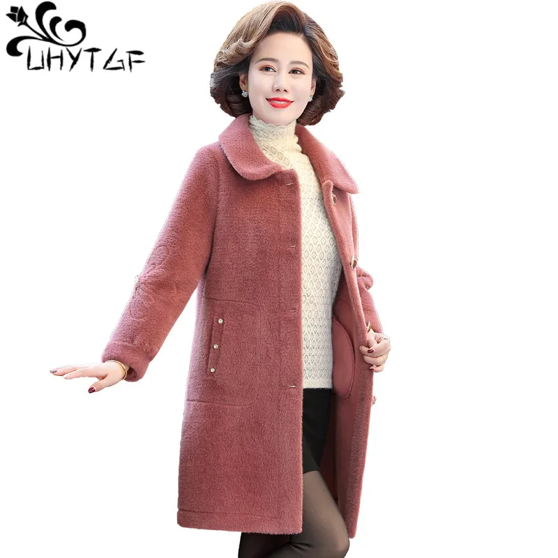 UHYTGF Coats Woman Mink Fleece Coat Casual Warm Autumn Winter Woolen Jacket Single Breasted Loose Size Overcoat Manteau Femme 25