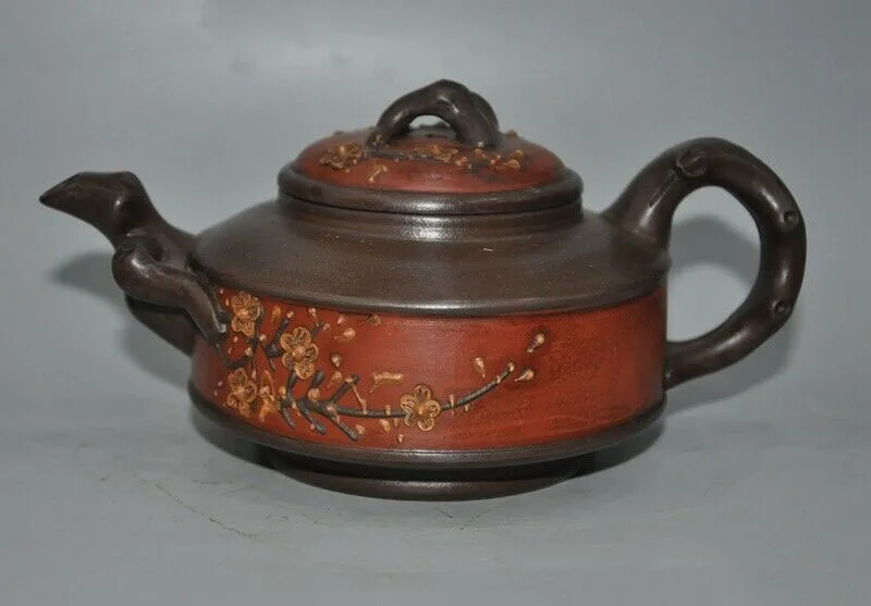 

Свадебное украшение, старое китайское керамическое изделие Yixing Zisha, мастер, резной цветок сливы, чайник, чайник