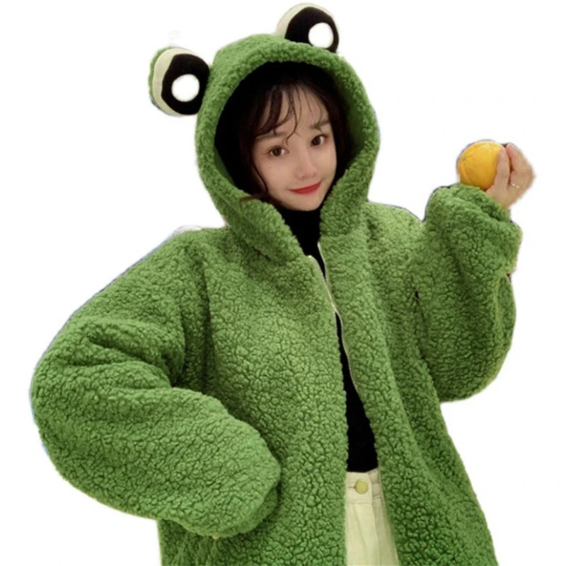 

2021 New Women Cute Frog Eyes Zip Up Hoodie Jacket Fuzzy Plush Warm Oversized Loose Coat
