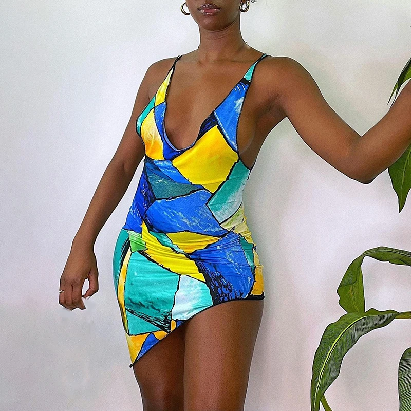 

Goocheer Sexy Abstract Geometric Irregular Dress Women Sleeveless Deep V Short Bodycon Dress Summer Party Clubwear Lady Sheath