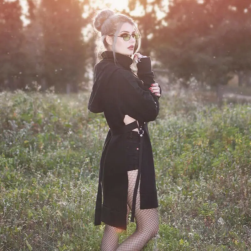 Женские черные длинные толстовки в готическом стиле на осень и зиму с длинным