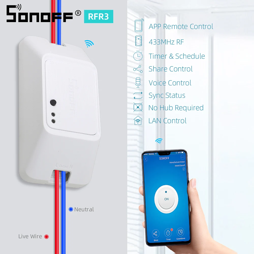 Беспроводной смарт переключатель SONOFF RFR3 RF R3 светильник WIFI 433 МГц с пультом