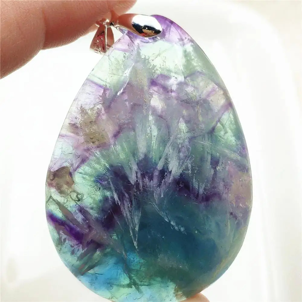 

Genuine Natural Blue Feather Fluorite Quartz Colorful Pendant Women Men Water Drop 48x35x10mm Fluorite Necklace Jewelry AAAAA