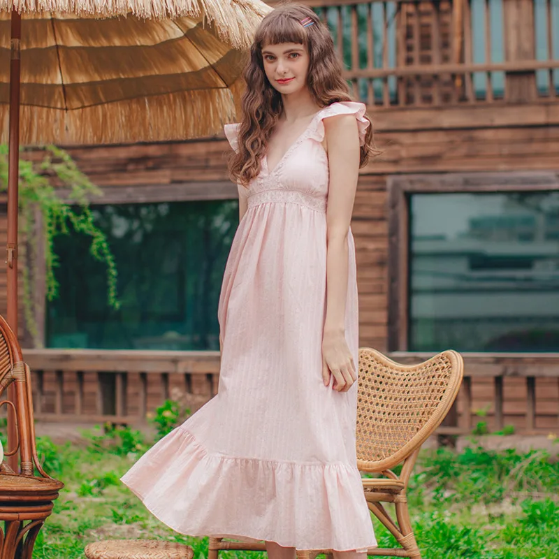 Sleepwear Nighty Woman Autumn Nightgown White Pink Nightdress Leisure Fashion Long Vintage Home Dress Ladies Nightwear Vneck |
