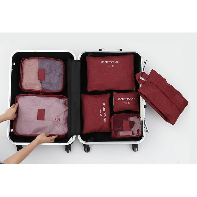 Burgundy-Travel bag HMUNII упаковочный органайзер для нижнего белья Кубики Обуви Сумки для белья мешки для белья чемодан для путешествий, органайзер для хранения 7 комплектов серый - Цвет: Burgundy-Travel bag