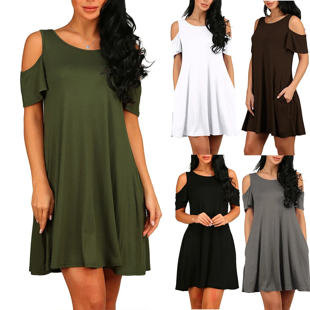 

Womens A-line Cold Shoulder Summer Short Sleeve Mini Dress Solid Color Loose Causal Vestido Pockets Sundress