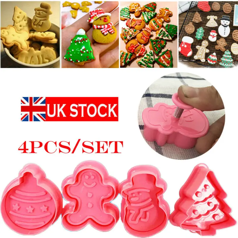 New 4Pcs Christmas Cookie Biscuit Plunger Cutter Mould Fondant Cake Mold Bake kit UK | Baking &amp Pastry Tools