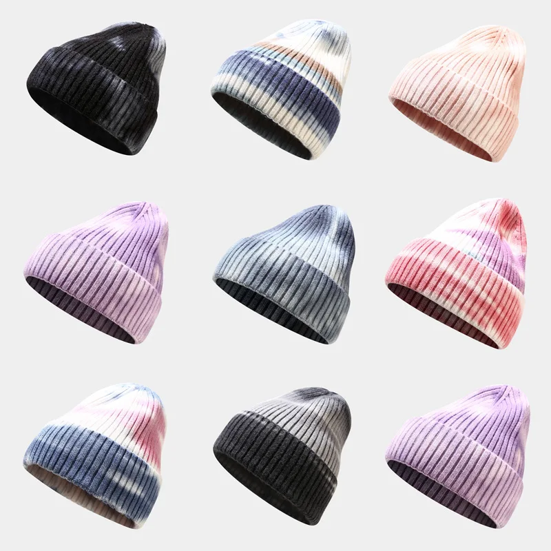 

Ladies Winter Hats Hot Sale Tie-dye Pullover Caps Autumn and Winter Men's Yarn Striped Curled Pointy Hat Warm Outdoor Woolen Hat