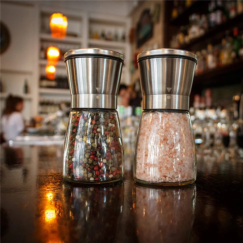 

2 PCS Salt and Pepper Grinder Premium Stainless Steel Spice Mill with Adjustable Coarseness Ceramic Blades Refillable Glass Body