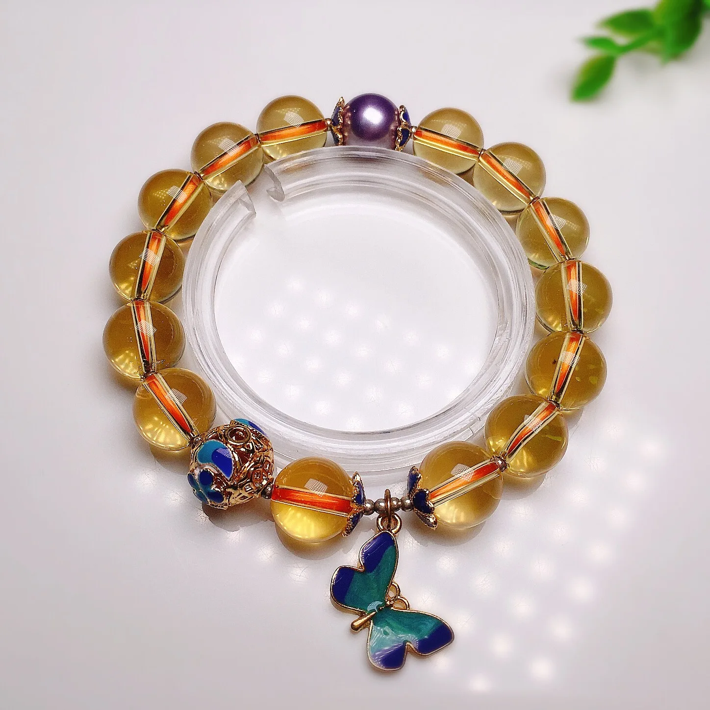 

Citrine Pearl Butterfly Cloisonne Enamel Bracelet Pulseras 8-10mm Bead Hand-Made Jewelry Men and Women Wear All Year-Round