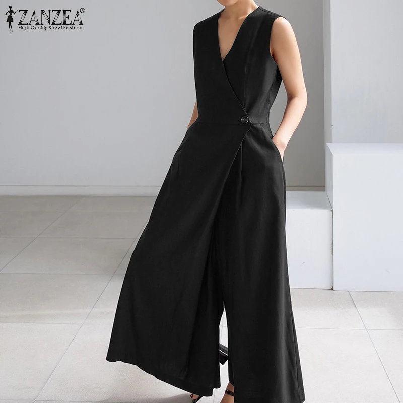 

Модные однотонные комбинезоны, женские летние комбинезоны 2021 ZANZEA, повседневные Комбинезоны без рукавов с V-образным вырезом, женские широки...