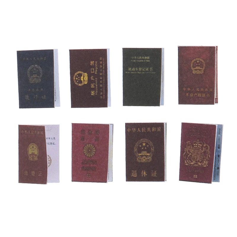 

1Set(8pcs)Mini ID Card Passport 1:12 Scale Dollhouse Furniture Miniature Certificate Set Doll House Accessories