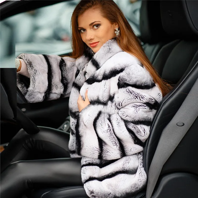 Fashion Winter Chinchilla Rex Rabbit Fur Coats For Women Thick Warm Whole skin Natural Genuine Rex Rabbit Fur Coat Stand Collar