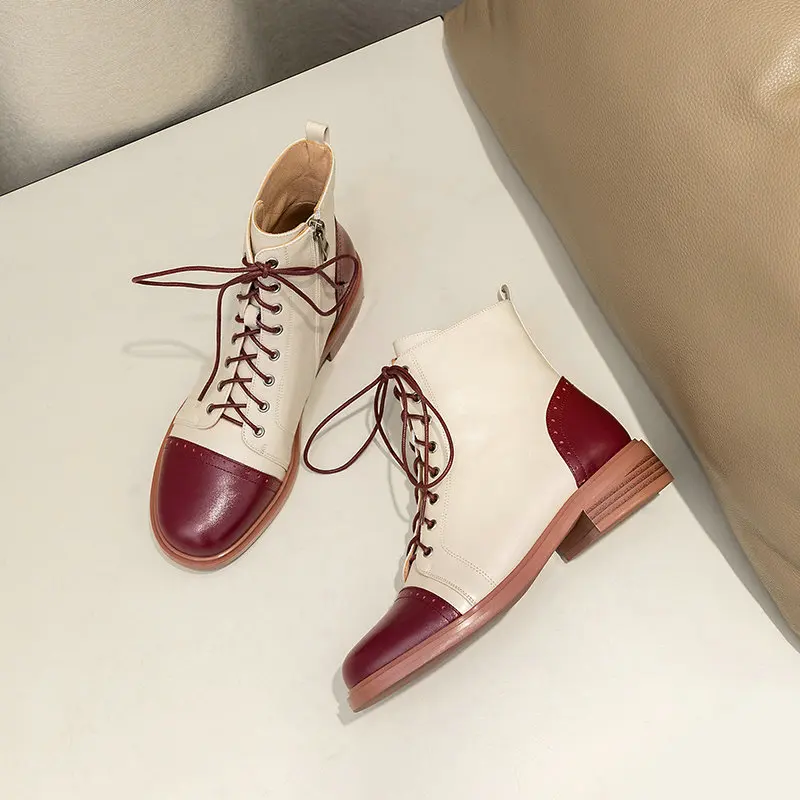 

2020 New Genuine Leather Color matching Women Ankle Boots Classic Round Toe Square Heels Western Boots Office Shoes