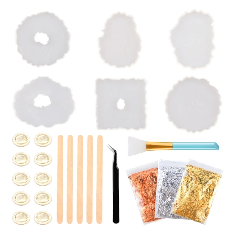 

1Set Irregular Coaster Molds for Resin Casting Silicone Geode Coaster Molds with Gold Foil Flakes for Epoxy Resin Coasters