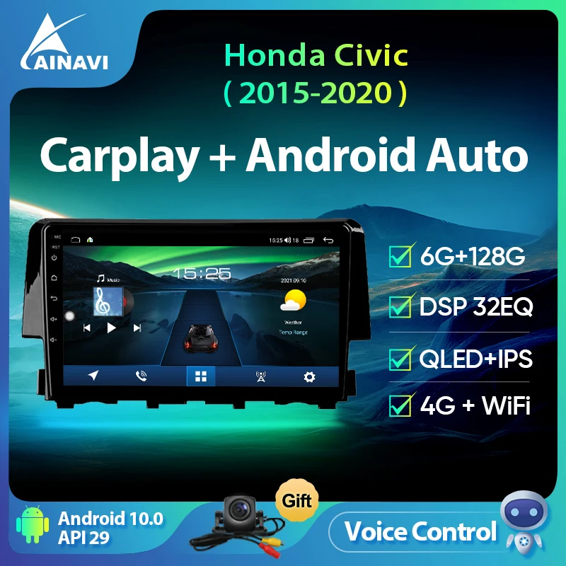

Ainavi Android 10,0 автомобильный радиоприемник 8 ядер 6 + 128G QLED для Honda Civic 2015-2020 мультимедийный плеер навигация DSP 32EQ Carplay 4G GPS