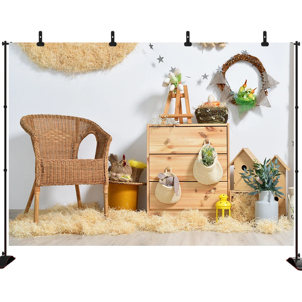 

Spring Easter Photo Backdrop Colourful Eggs Rabbit Wreath in Room Photography Backdgrounds Photoshoot Studio Banner