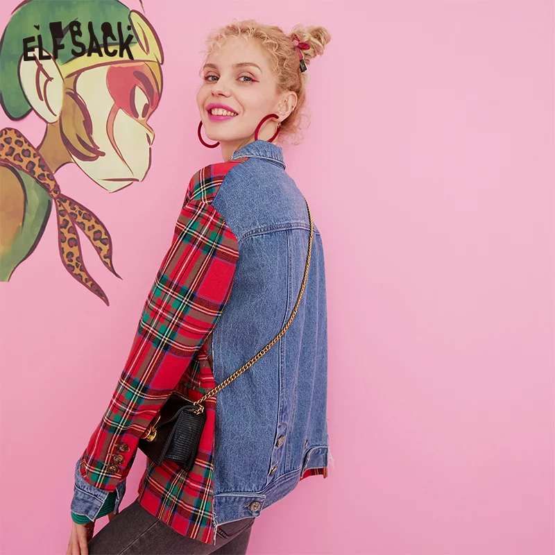 ELFSACK клетчатый Джинсовый блейзер в стиле пэчворк для женщин осень 2019 корейский