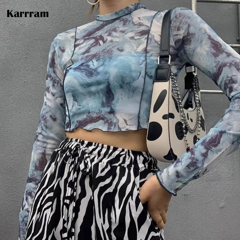 

Karrram Summer Long Sleeve T-shirts Blue Tie Dye See Through Mesh Crop Tops Sexy Slim Women Folds Design Korean Club Streetwear