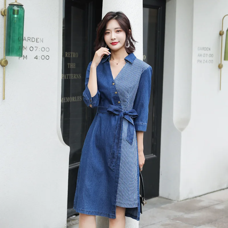 Женское джинсовое платье с V образным вырезом поясом|Женские платья| |