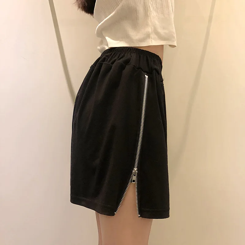 

Новинка 2021, летние короткие брюки, женская одежда, повседневные модные однотонные популярные брюки с завышенной талией и молнией по бокам, с...