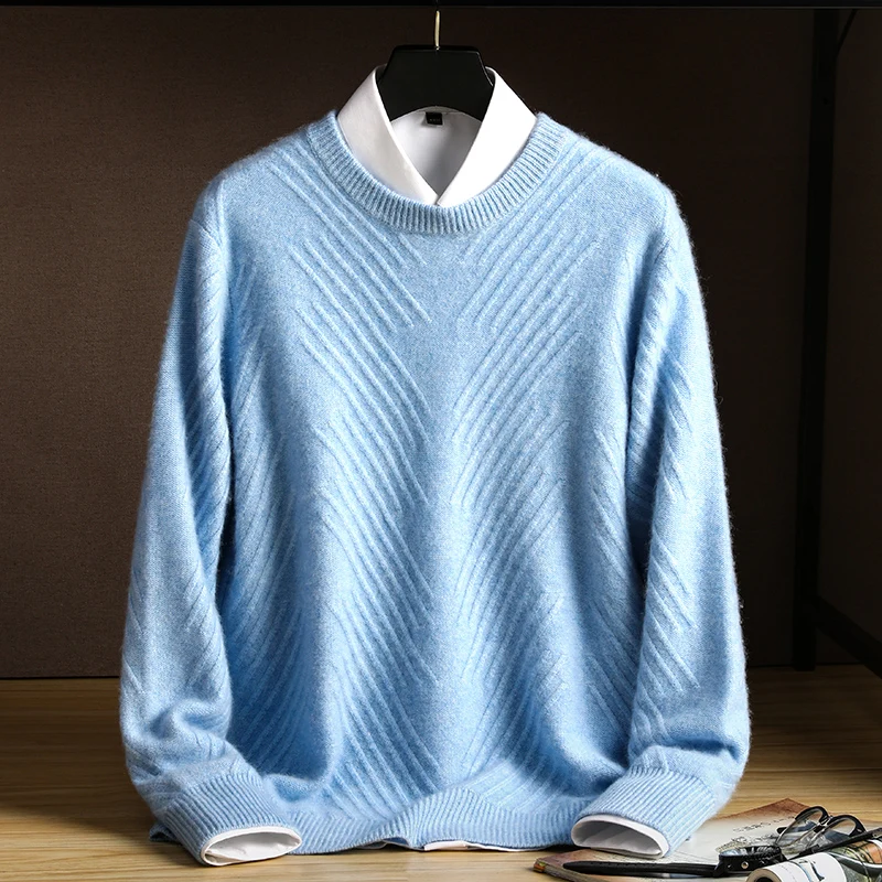 Autumn And Winter New Men's Round Neck Sweater Business Casual Skin-Friendly Thickening Pure Color Knitted Pullover 100% Wool