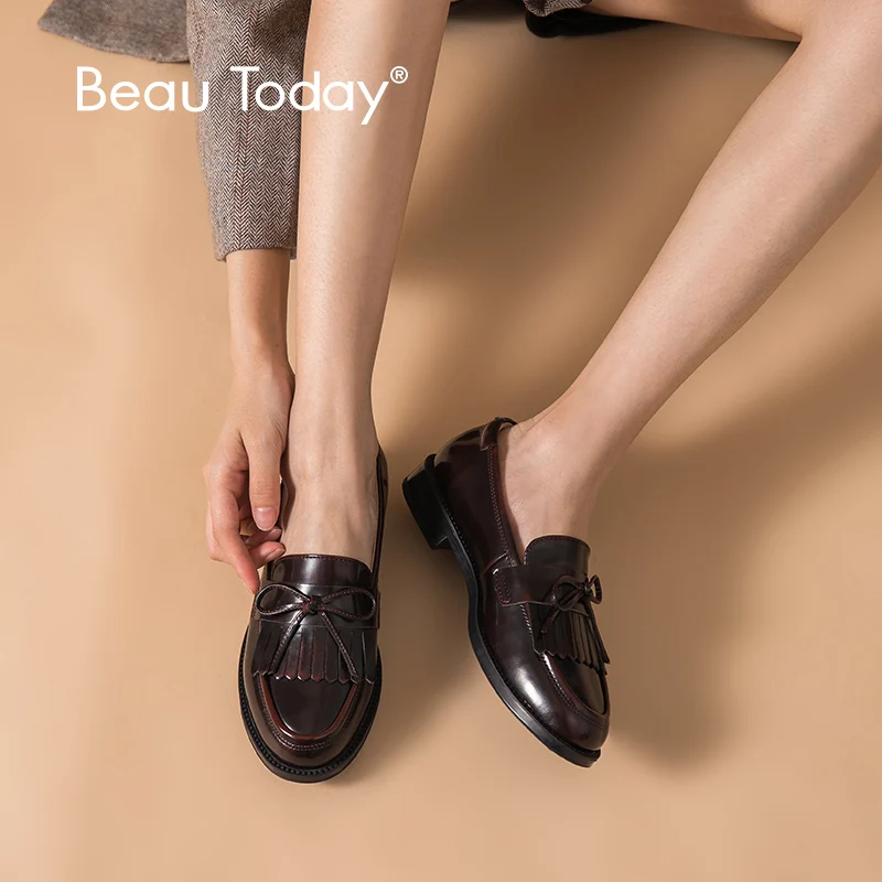 BeauToday женские мокасины ручной работы бантик с кисточкой круглый носок без