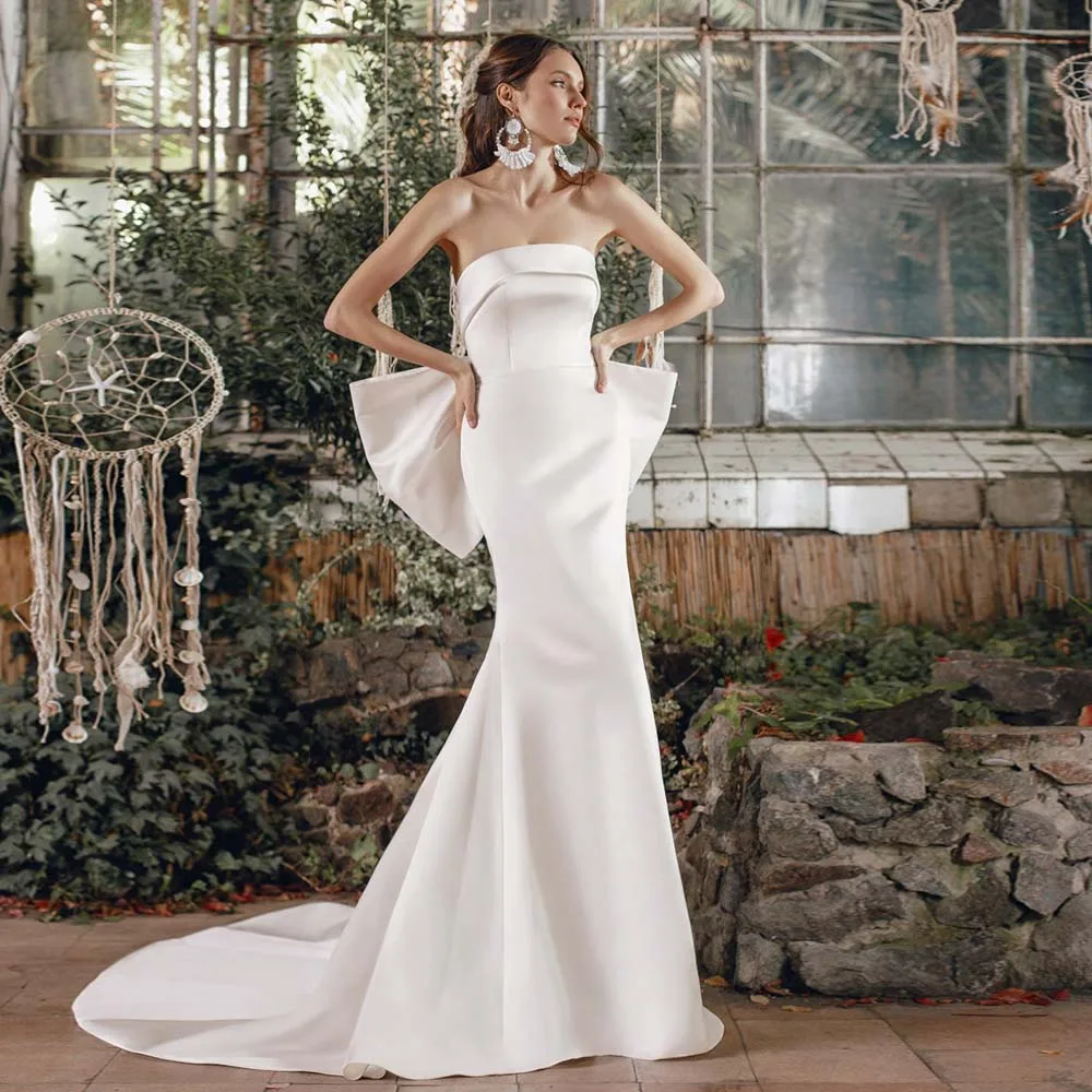 

2021 Sleeveless Bow Wedding Dress Open Back Mermaid Princess Beach Satin Court Train Bride Gown Vestido de Noiva