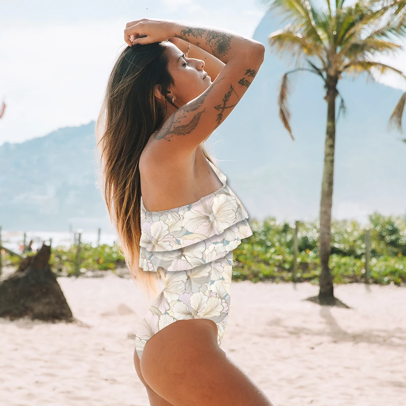 2020 Цельный купальник с принтом женский оборками бикини открытыми плечами для