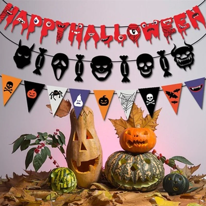 

2021 new Halloween happy flag, holiday banner, Halloween hanging decorations, party supplies, face, flag pulling customization